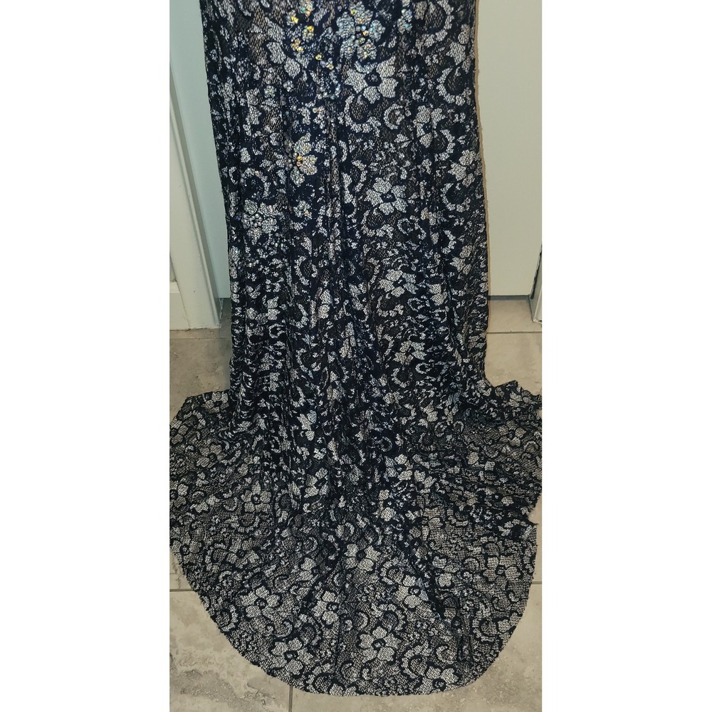 Jovani Navy Blue Lace Open Back Mermaid Prom Gown Silver Rhinestones Fitted sz 4 - Picture 6 of 16